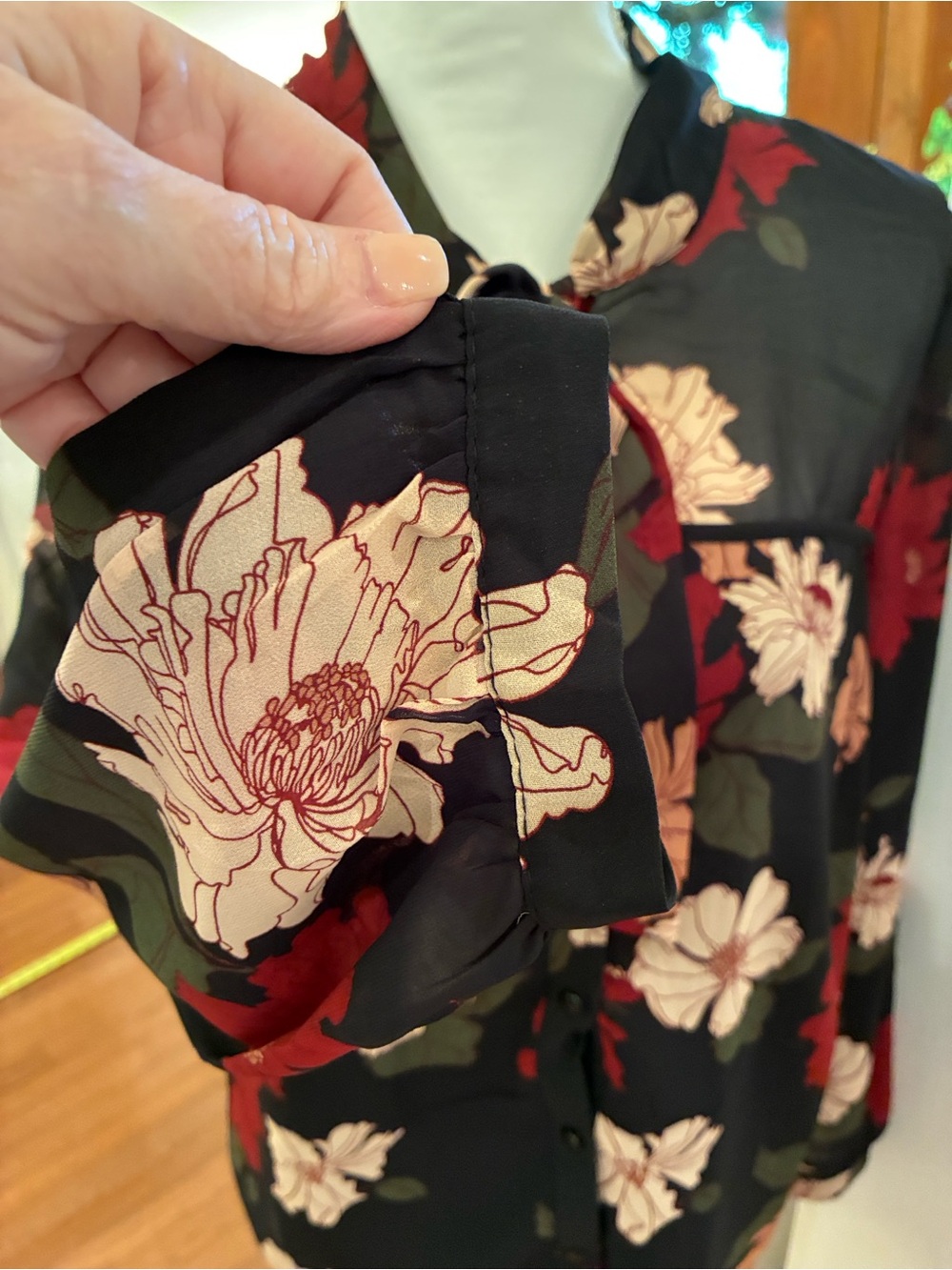 Monteau Black Floral Tie-Neck Button Down Sheer Blouse NWT XL - Picture 7 of 12